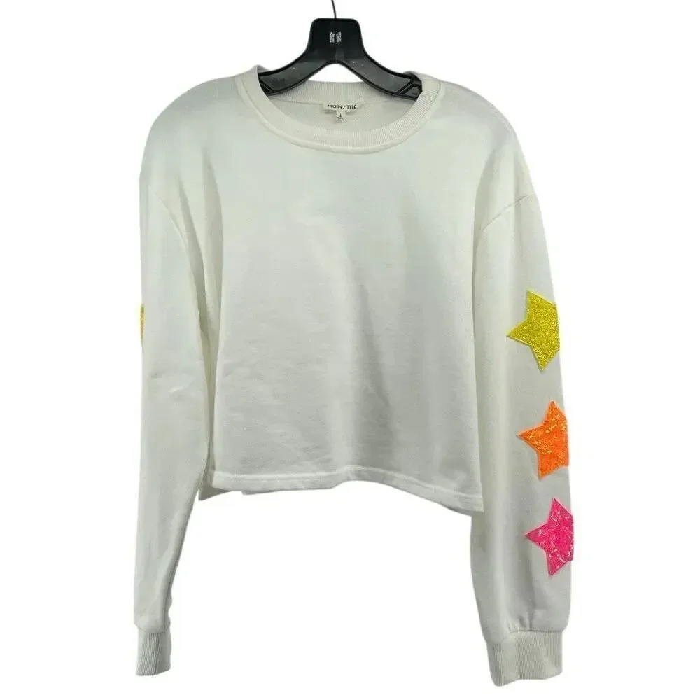 Mainstrip White Cropped Sweatshirt Sequin Star Patch Sleeve Size Large